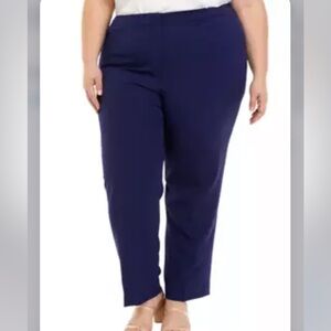Kasper Plus Size Stretch Crepe Fly Front Side Elastic Trouser Pants Navy 18W